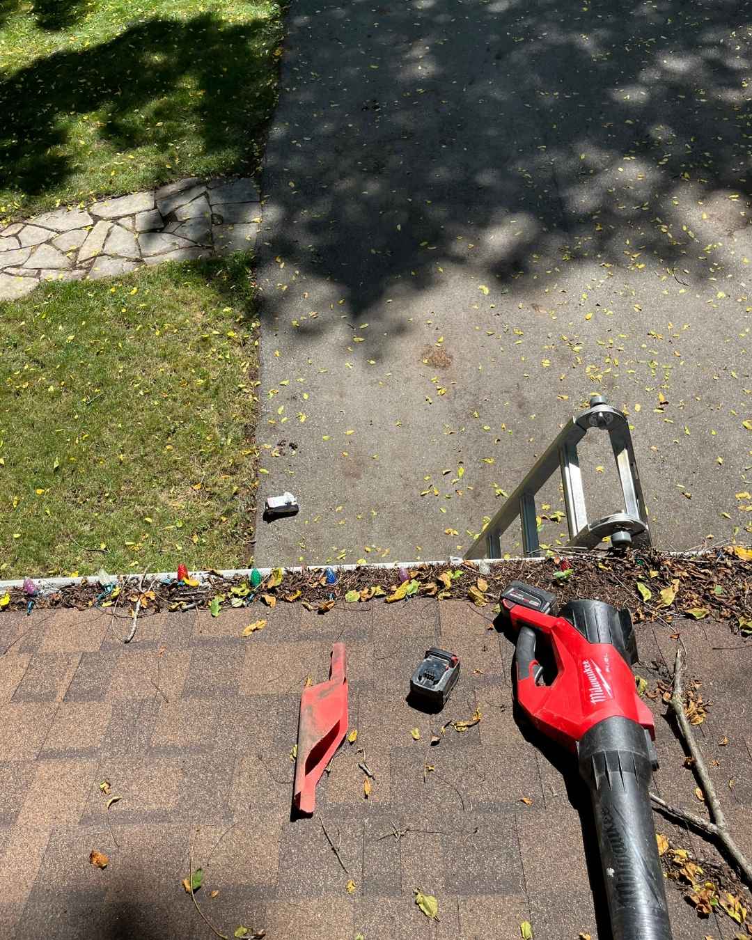 Leaves and debris packed into the gutter before cleaning in Hamilton